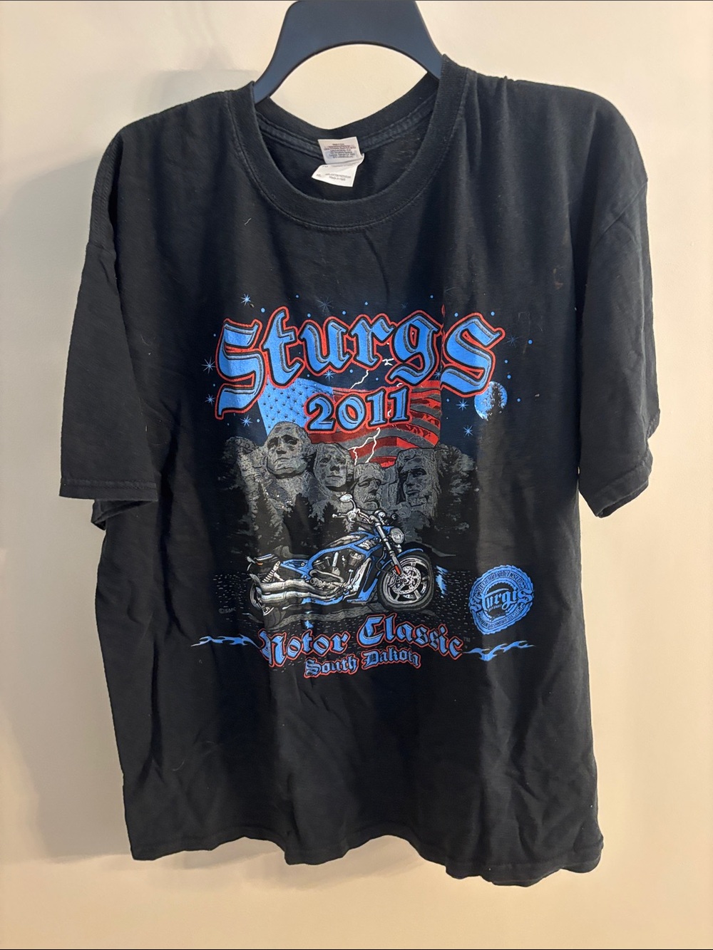 Vintage Sturgis 2011 Black Graphic Tee with Red & Blue Accents